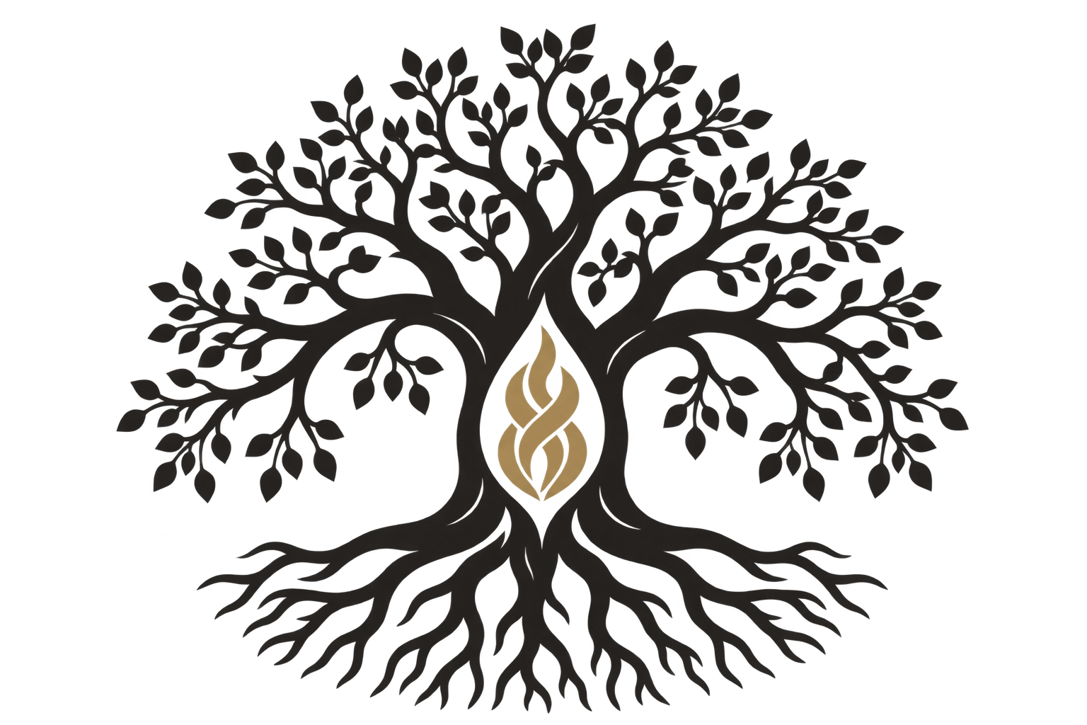 WairuaPath: an ancestral tree with spreading roots and a golden flame at its heart